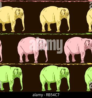 Seamless pattern of multi-colored elephants and grunge stripes on a dark background. Wild animals. Vector illustration Stock Vector
