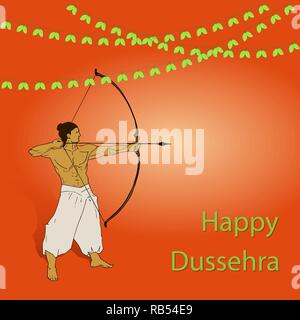 Happy Dussehra celebration card for Indian Festival. Gold Lord Rama taking aim with bow and arrow, killing Ravana. Hand drawn Vector illustration. Stock Vector
