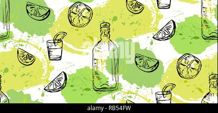 Seamless pattern of hand-drawn bottle, glass, slices of lemon and letters. Mexican background with tequila and lemon. Vector illustration Stock Vector