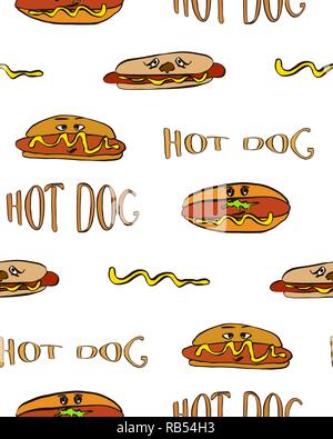 Seamless pattern of Hot Dog on a white background. National Day Hot Dog design. Poster for fast food. Vector illustration. Stock Vector