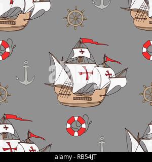 Seamless pattern maritime theme. The ship and other elements are painted by hand. Vector illustration. Stock Vector