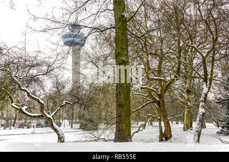 Rotterdam, The Netherlands, March 3, 2018: winter scene in a snow-covered Park with the city's landmark Eurmoast visible behind trees and shrubs Stock Photo