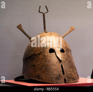 Italy Basilicata Melfi Castle National archeologic museum,Apulian helmet - Corinthian bronze, Stock Photo