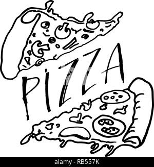 Pizza design is drawn by hand. Pizza slices with different ingredients. Vector illustration Stock Vector