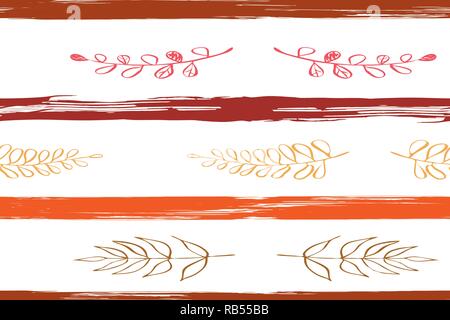 Seamless Pattern with Hand Drawn Grunge Strips and Leaves. Vegetative background in autumn colors. Horizontally arranged grunge strips and leaves. Vec Stock Vector