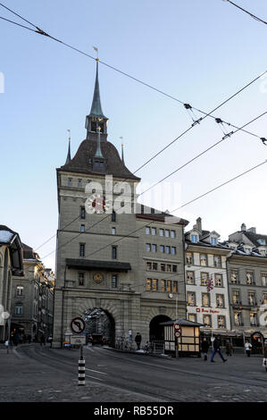 The medieval  Käfigturm Tower on the corner of Marktgrasse and Barenplatz, (Beer Place) in the Old Town of Bern Switzerland  It  is located in the Alt Stock Photo