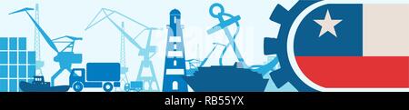 Cargo port relative icons set. Chile flag in gear. Stock Vector