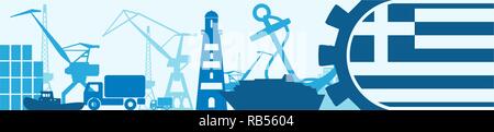 Cargo port relative icons set. Greece flag in gear. Stock Vector
