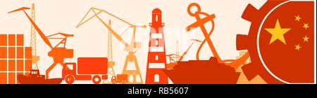 Cargo port relative icons set. China flag in gear. Stock Vector