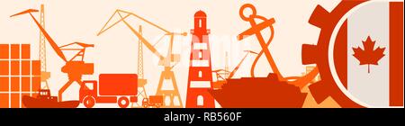 Cargo port relative icons set. Canada flag in gear. Stock Vector