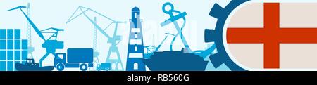 Cargo port relative icons set. Genoa flag in gear. Stock Vector