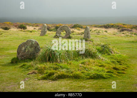 Near Lands End, Cornwall UK is the unique Men-an-tol megalithic monument. Three standing stones one which is 'holed' believed to be a fertility symbol Stock Photo