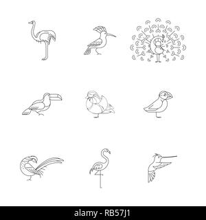 Birds are different species. Line icon set. Can be used for logo, print, web site Stock Vector