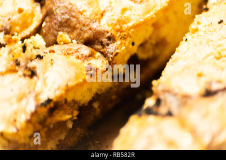 closeup on a crumb cake stuffed with strawberry marmalade, delicious dessert Stock Photo