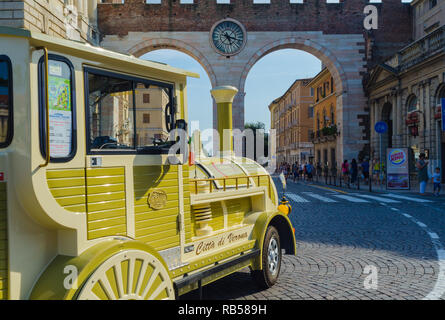 Particular close-up of the tourist train of Verona. The train makes several routes in the city, bringing tourists to the main attractions present. Hor Stock Photo