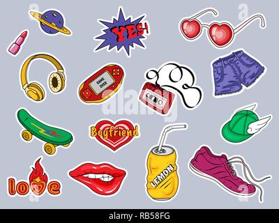 Set of patches with fashion badges retro style 80s, 90s Stock Vector