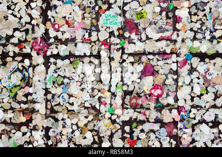 Close up of the message board at the entrance to the Giulietta house in Verona. Full of little love messages written on sticky paper. Concept of loyal Stock Photo