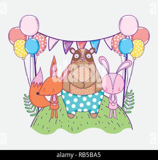 bear with rabbit and fox celebrating happy birthday Stock Vector