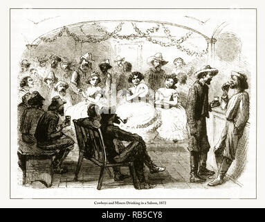 Cowboys and Miners Drinking in a Saloon Engraving, 1872 Stock Photo