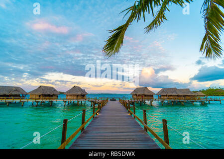 Way to overwater bungalow on a side island of Bora Bora, Tahiti Stock Photo