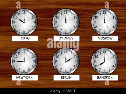 the world clock. different time zones clock on the wooden wall Stock Vector