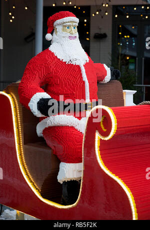 A Santa Sleigh with 8 reindeer made using 750,000 LEGO bricks at Tacoma Square, Mermaid Quay, Cardiff Bay. The models took 3 months, to build and will Stock Photo