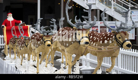 A LEGO Santa and reindeer at Mermaid Quay, Cardiff Bay, Wales, UK. Stock Photo