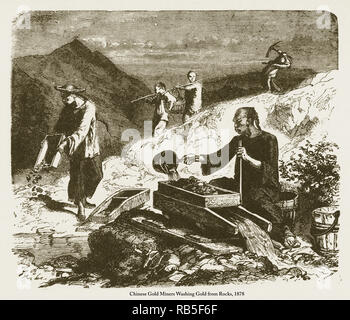 Chinese Gold Miners Washing Gold from Rocks Engraving, 1878 Stock Photo