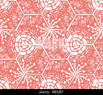 Underwater world. Hexagonal tiles. Seamless pattern. White and coral light colors Stock Vector