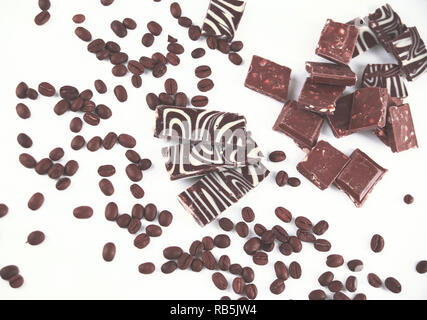close up.set of chocolate bars and coffee beans. isolated on whi Stock Photo