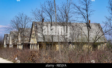 Abandoned graffiti covered buildings is all that is left of a Soviet army base near Szentkirályszabadja, Hungary. Stock Photo