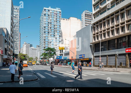 Curitiba - PR, Brazil - December 14, 2018: Downtown street Marechal Deodoro. Commerce, local people and traffic. Stock Photo