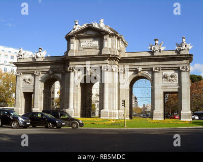 Puerta de Alcala, the first modern post-Roman triumphal arch built in Europe, located on Plaza de la Independencia in Madrid of Spain Stock Photo
