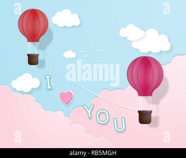 Creative love invitation card Valentine's day vector illustration paper cut style background. Origami two hot air balloon flying on the sky with i lov