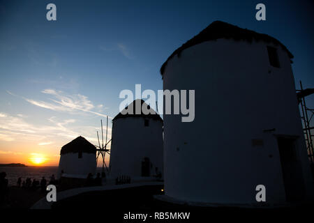 famous view  Traditional windmills on the island Mykonos, Greece Stock Photo