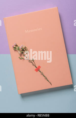 Memories pink notebook with a spring flower glued on the cover. Flat lay image with a bicolored background Stock Photo