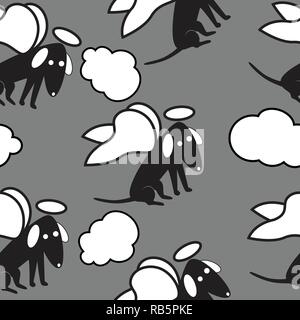 vector seamless pattern of angel dog and clouds on grey background Stock Vector