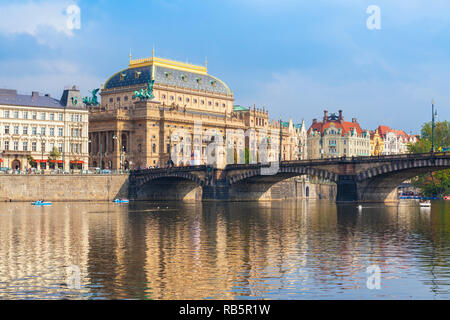 Prague National Theatre Národní divadlo and Legions' Bridge Most Legií and river Vltava Prague Czech republic Europe Stock Photo