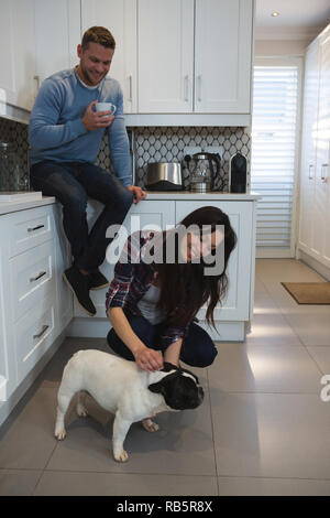 Couple having fun with their pet dog in kitchen Stock Photo