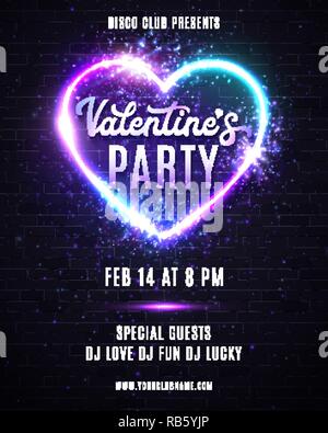 Valentines Day party poster or flyer design with neon lights effect. Decorative vector template of invitation, flyer or greeting card with neon heart frame. Stock Vector