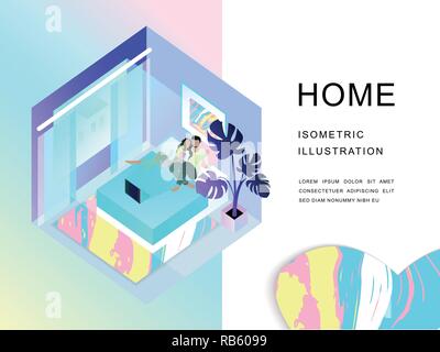 Couple in a bedroom. Leisure. Home. 3d isometric illustration Stock Vector