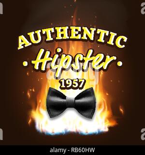Authentic Hipster Label Vector. Vintage Emblem. On Fire. Bow Tie. Realistic Illustration Stock Vector