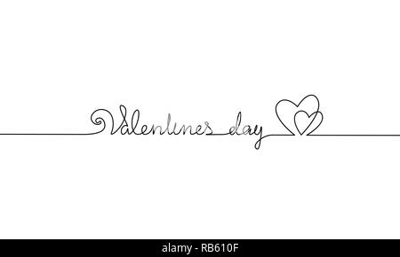 Happy Valentine Day continuous one line art. Hand drawn sketch romantic date greeing holiday card. Two love heart shape lineart minimalistic lettering vector illustration Stock Vector