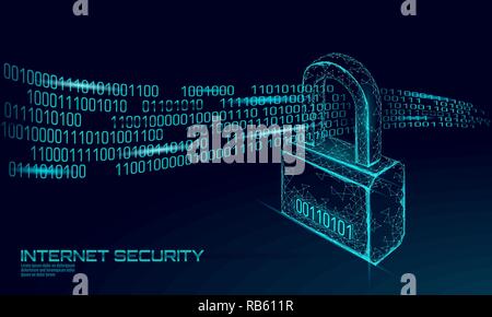 Cyber safety padlock on data mass. Internet security lock information privacy low poly polygonal future innovation technology network business concept blue vector illustration Stock Vector