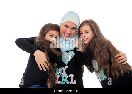 Happy Muslim Female Family, Mother and Her Daughters Celebrating Mother’s Day Isolated on White Background Stock Photo