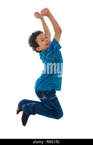 Young Active Boy Jumping in The Air Isolated on White Background Stock Photo