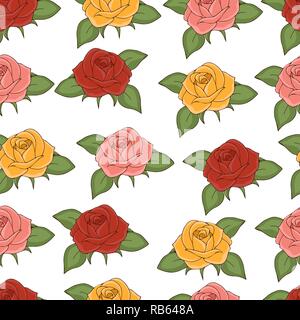 Roses seamless pattern, hand drawing, vector illustration. Drawn flower buds with pink, red, yellow, petals and green leaves on white background. For  Stock Vector