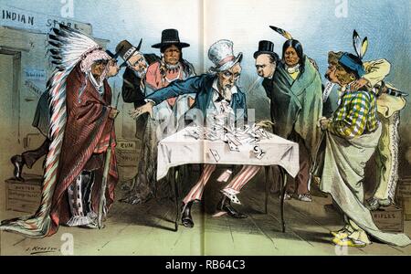 Our Indian policy;a house of cards by Joseph Ferdinand Keppler, 1838-1894, artist. shows Uncle Sam sitting at a table outside an 'Indian Store' with Natives and government agents gathered around;he was constructing a house of cards labelled 'Indian Policy' until the government agents and a man standing on a box labelled 'Boston Sentimentalist' leaned over and blew on it, knocking it down. Stock Photo