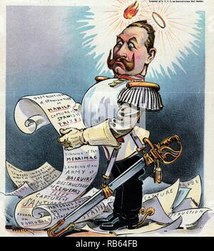 Print by Udo Keppler, (1872-1956), shows William II, German Emperor, full-length portrait, standing among papers, looking puzzled, with a flame and a halo above his head, holding a long sheet of paper that lists successful U.S. military campaigns during the Spanish-American War, such as 'Destruction of Spanish Fleet at Manila, Capture of Spanish Prizes, Landing of an Army at Baiquiri, Destruction of Cervera's Fleet, [and] Sinking of the Merrimac'. Stock Photo