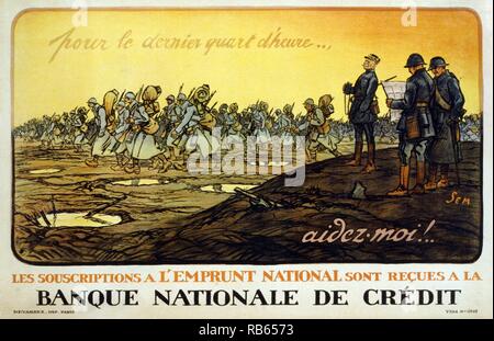 For the last quarter hour . . . Help me! Subscriptions of the National Loan available at the Banque Nationale de Credit. Gen. Ferdinand Foch (1851-1929) overseeing his troops as they march across the battlefield. Foch was appointed commander in chief of the Allied armies in 1918. Stock Photo